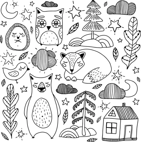 扁平的轮廓用猫头鹰 树和房子描绘了沉睡的森林 完美的印刷品 婴儿用品 印花和亚麻布 — 图库照片