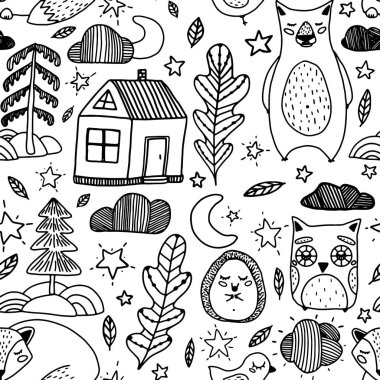 Bir baykuş, bir ayı, bir kirpi, bir tilki, bir ay, yıldızlar, ağaçlar ve bir ev olan uykulu bir ormanın düz vektör çizimi. Baskı için ideal, çocuklar giyer ve yatar..