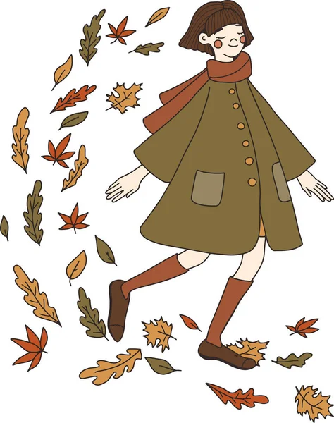 Симпатичная плоская векторная иллюстрация осенняя девушка с листьями. Радость осени. Персонаж Осени . — стоковое фото
