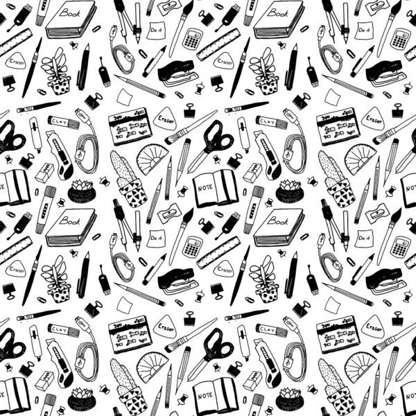 Hand drawn, vector seamless pattern school stationery items. Black on white background. Plants succulents, pens, pencils, brushes, stapler.