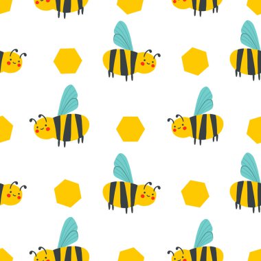 El çizimi şirin böcek koleksiyonu. Arılarda ve yaban arılarında kusursuz desen. Çocuksu dekorasyon kıyafetleri, desenler, çıkartmalar, kartlar, kumaş, tekstil için çizgi film vektör arısı veya eşekarısı çizimi