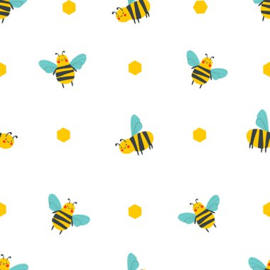 El çizimi şirin böcek koleksiyonu. Arılarda ve yaban arılarında kusursuz desen. Çocuksu dekorasyon kıyafetleri, desenler, çıkartmalar, kartlar, kumaş, tekstil için çizgi film vektör arısı veya eşekarısı çizimi