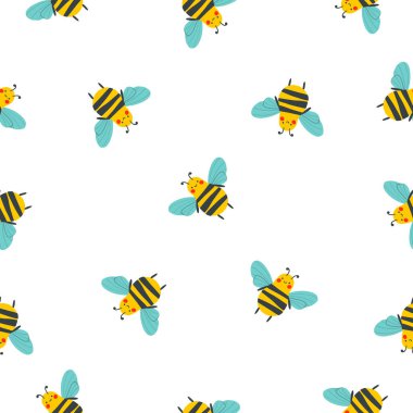 El çizimi şirin böcek koleksiyonu. Arılarda ve yaban arılarında kusursuz desen. Çocuksu dekorasyon kıyafetleri, desenler, çıkartmalar, kartlar, kumaş, tekstil için çizgi film vektör arısı veya eşekarısı çizimi