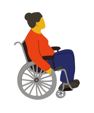 El yapımı yaşlı kadın tekerlekli sandalyede oturuyor. Fiziksel engelli, yüzü olmayan yaşlı bir kadın. Düz çizgi film tarzında renkli vektör çizimi, sağlık hizmetleri, tıbbi bakım endüstrisi