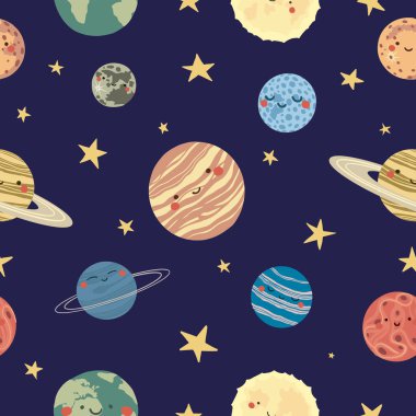 Güneş Sistemi 'nin gezegenlerinin düz bir şekilde vektör deseni. Çizgi film çocukça Güneş Sistemi. Şirin, sevimli güneş, dünya, cıva, venüs, satürn, neptün, mars, jupiter, uranus