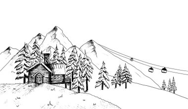 Kayak merkezinin el çizimi çizimi. Vector dağları, şirin ahşap evler, orman kışı manzarası çizimleri. Tatil kulübesi, kayak, snowboard sporları. Beyaz arkaplana mürekkep çizimi