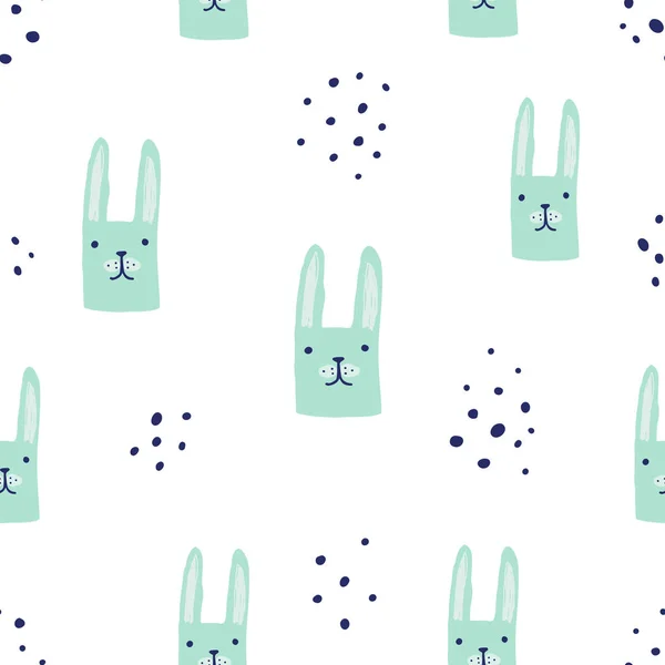 かわいい手描きのドットやウサギやウサギとフラットシームレスなパターン 子供っぽい装飾服 パターン ステッカー カード ファブリック 繊維のための漫画ベクトルの森のイラスト — ストックベクタ