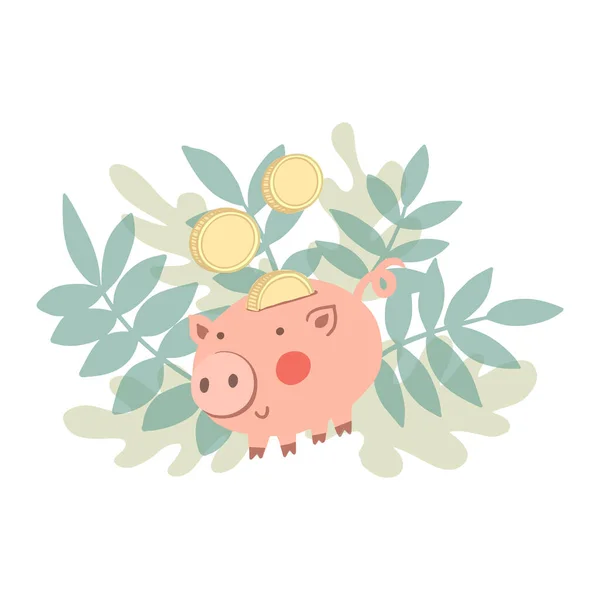 Handgezeichnetes Comic Sparschwein Mit Münze Und Blättern Kräutern Vector Icon — Stockvektor