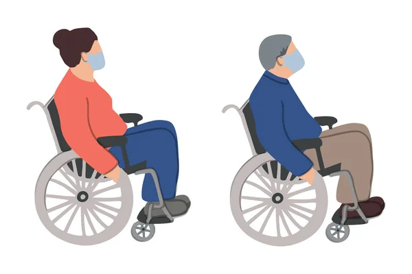 年配の男性と女性が車椅子に座り顔マスクをしています 身体障害のある未成熟の男性と女性 フラットベクトルイラスト コロナウイルスの概念を防止または保護する — ストックベクタ