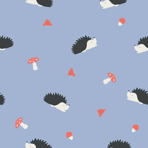 Flat Seamless pattern with cute hand drawn hedgehog. Cartoon vector woodland illustration for childish decoration clothes, patterns, stickers, cards, fabric, textile