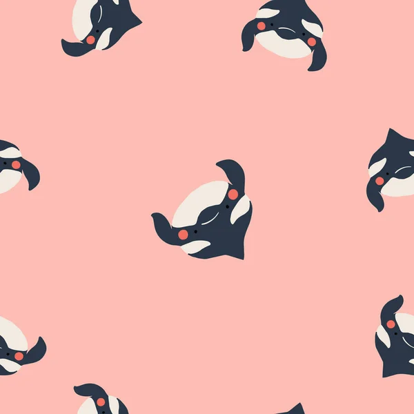 かわいいフラットキラークジラシームレスパターン 愛らしい小さな漫画のオルカベクトルイラスト ファブリック プリント ラップペーパーのための料理の装飾 — ストックベクタ