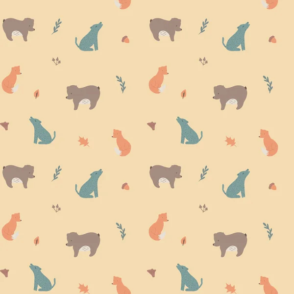 手描きの森林動物とのシームレスなパターン 漫画クマ オオカミ キツネ創造的な子供じみた背景 子供服 保育園の装飾 包装紙に最適です 平面ベクトルイラスト — ストックベクタ