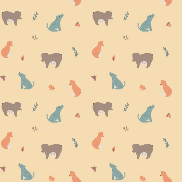 手描きの森林動物とのシームレスなパターン 漫画クマ オオカミ キツネ創造的な子供じみた背景 子供服 保育園の装飾 包装紙に最適です 平面ベクトルイラスト — ストックベクタ