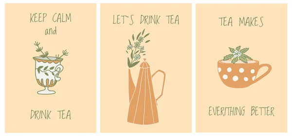 Çay Saatinde Kartpostal Koleksiyonu Çay Fincanı Çaydanlık Harfli Posterler Selamlar — Stok Vektör