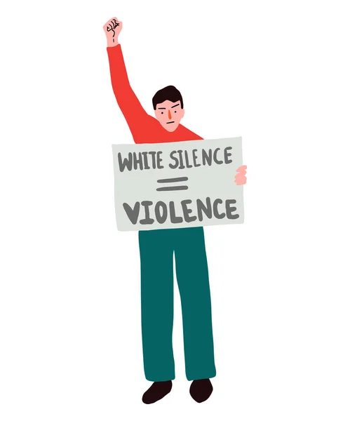 Uomo Bianco Tiene Poster Cartone Con Testo Del Messaggio Silenzio — Vettoriale Stock