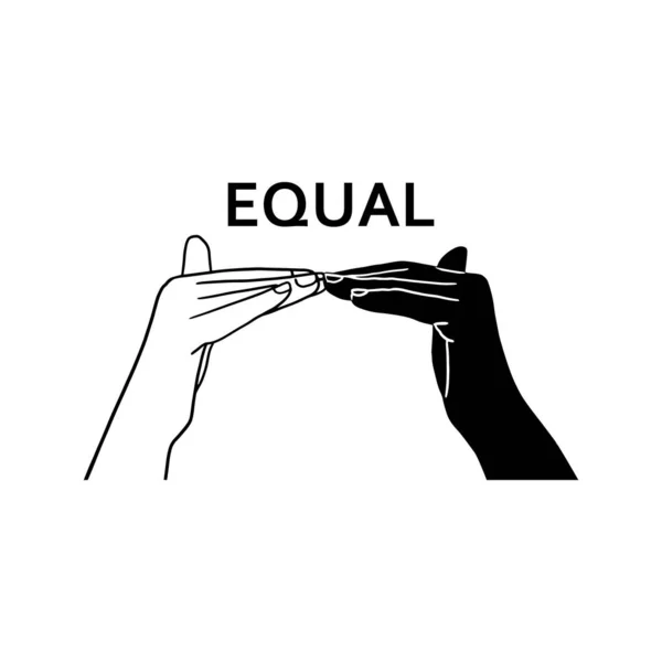 単語記号言語で等しい 異なる肌の色を持つ2つの手は等しいことを意味するサインを示しています 平等な権利の概念 人種差別はやめなさい 黒人の生活は白人と同じ問題を抱えている — ストックベクタ