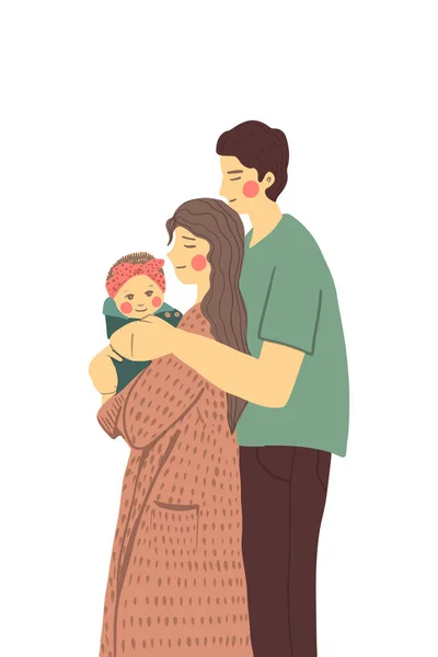 Çizgi film tarzında üç kişilik şirin bir aile. Bir tane bebek konsepti olan vektör aile. Baba anneye kucak dolusu bebek veriyor. Anne sevimli çocuğu kucağına alıyor. Mutlu aile günü kartpostalları. Baskı ve sosyal medya için mükemmel