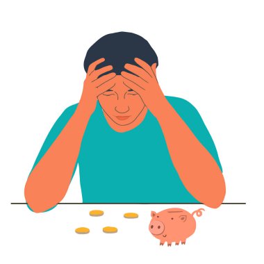 Çizgi filmdeki üzgün adam domuzcuk kumbarasından parasını sayıyor. İflas ve işsizlik kavramı. Bir erkek ya da kadın mali durumu düşünüyor. Düz vektör illüstrasyonu