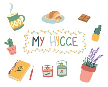 Higge elementlerinin şirin vektör çizimi: lavanta, defter, mum, kahve, kaktüs, çikolata, fincan, ışık çerçevesi. Hygge harflerim. İskandinav tarzı. Kart, poster, çıkartma ve baskı için mükemmel.
