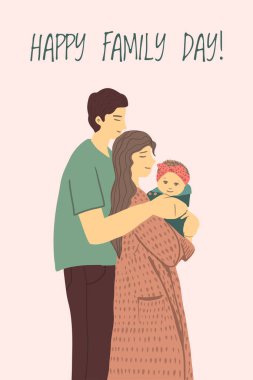 Çizgi film tarzında üç kişilik şirin bir aile. Bir tane bebek konsepti olan vektör aile. Baba anneye kucak dolusu bebek veriyor. Anne sevimli çocuğu kucağına alıyor. Mutlu Aile Günü kartpostalları..