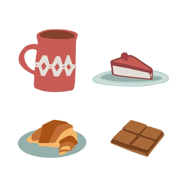 Coleção Caneca Café Desenhada Mão Doces Chocolate Pedaço Bolo Croissant —  Vetores de Stock