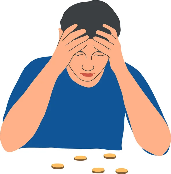 Cartoon Sad Man Counts His Money Piggy Piggy Bank Bankruptcy — Stock Vector