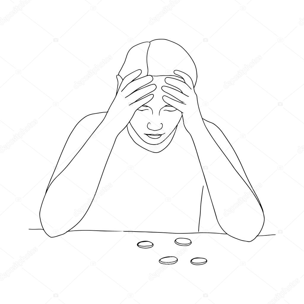 Outline sad man counts his money from piggy piggy bank. Bankruptcy and unemployment concept. A man or woman is thinking about finances. vector illustration