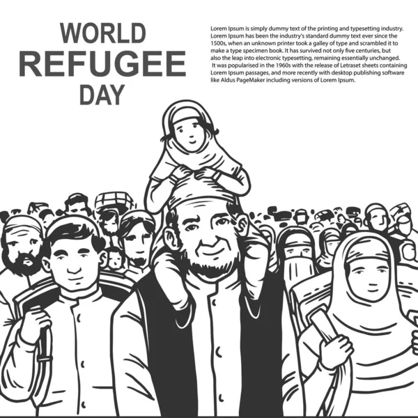 Día Mundial Los Refugiados Dibujado Mano Con Padre Hijo Free — Vector de stock