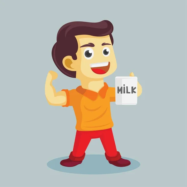 Karakter Kartun Boy Mengundang Untuk Minum Susu Sambil Menunjukkan Tangan - Stok Vektor