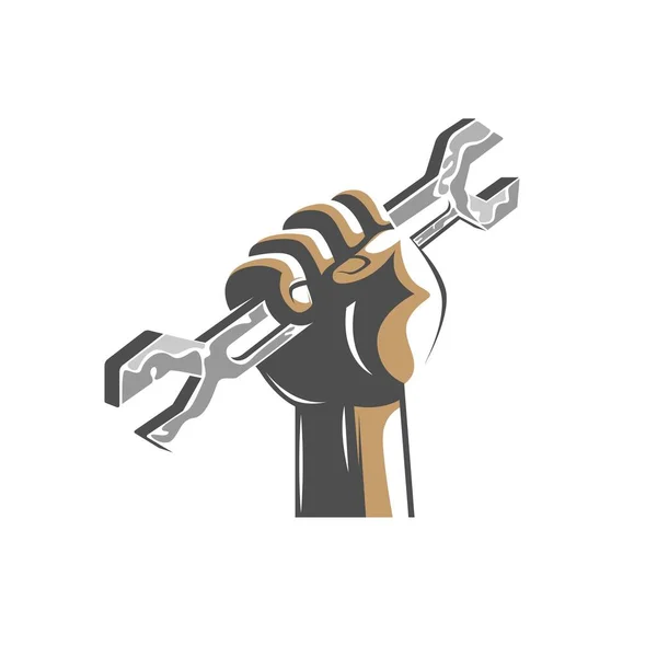 Logo Hydraulika Lub Mechanika Pięści Trzymającej Klucz Lub Wektor Klucza — Zdjęcie stockowe