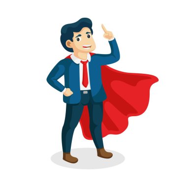 Genç süper iş adamı, süper kahraman pelerini giyen yönetici işçi. Bir numaralı işaret. Motivasyon ve hırs. Yönetici kazananı takım elbise vektör ilüstrasyonunda kendine güvenen bir çalışan..