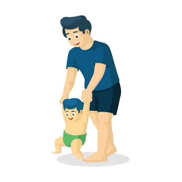 ベクトル漫画の父は歩くことを彼の息子を教える 隔離された白い背景 男と赤ん坊が歩き始めている フラットスタイル パパは子供を手で握ってる — ストックベクタ
