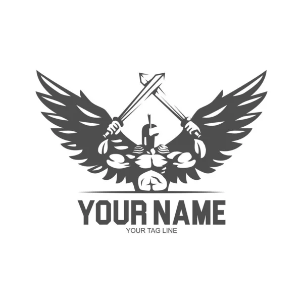 Spartaanse Engel Met Twee Zwaard Logo Vector Illustratie — Stockvector