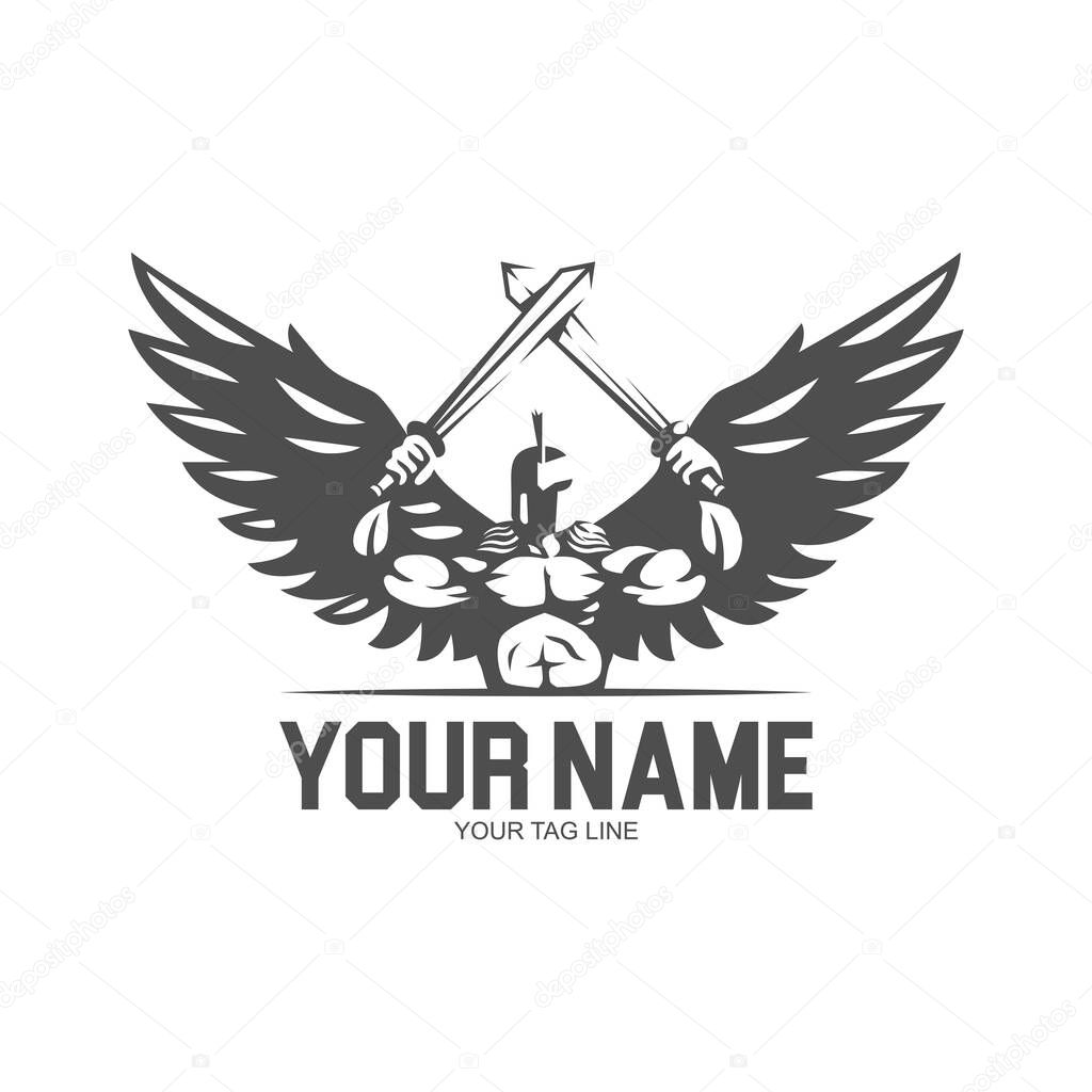 Spartan angel with two sword logo vector illustration