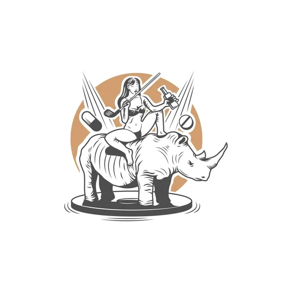 Ilustração Mulher Montando Rinoceronte Lambendo Taco Golfe Carregando Uma Garrafa — Fotografia de Stock