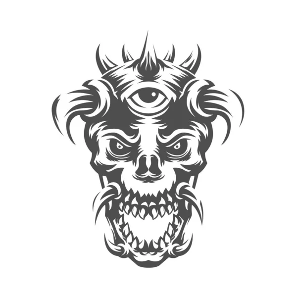Totenkopf Mit Vielen Hörnern Schwarz Weiß Zeichnung Vektorillustration — Stockfoto