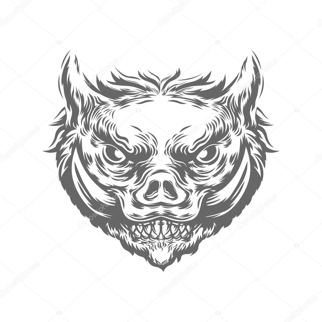 Boar head in black and white color style. Vector illustration