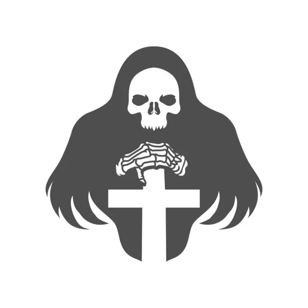 Crâne Portant Une Robe Tenant Une Croix Illustration Vectorielle Noir — Image vectorielle