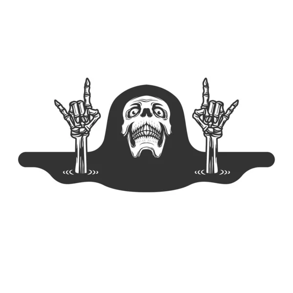 İnsan iskeleti pozu. Tişört ve diğer kullanım alanları için kafatası illüstrasyonlu metal müzik grafik tasarımı