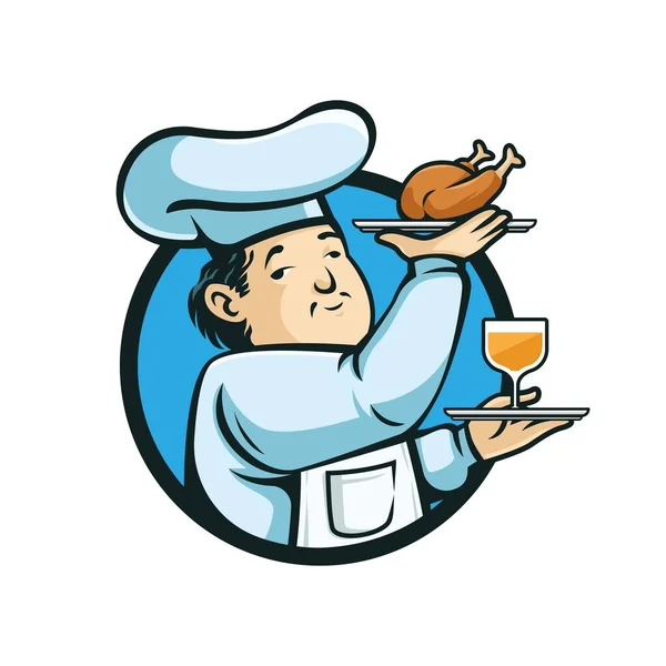 Chef Avec Morceau Poulet Verre Vin Logo Illustration Vectorielle — Image vectorielle