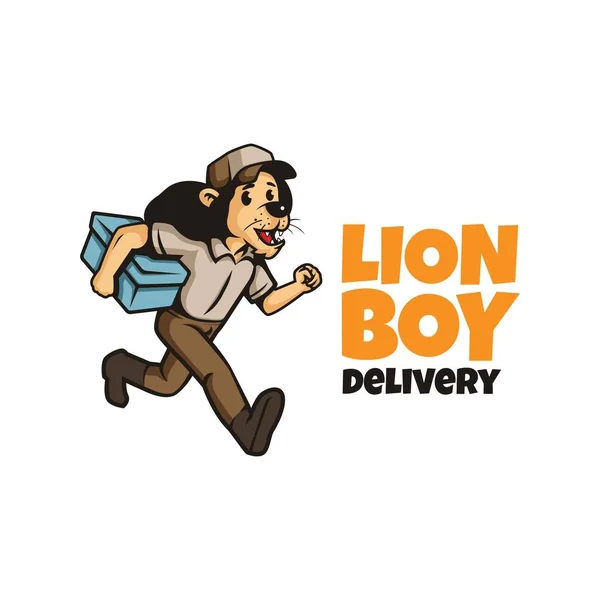 Entrega Leão Menino Correndo Segurando Uma Caixa Logotipo Personagem Mascote — Fotografia de Stock
