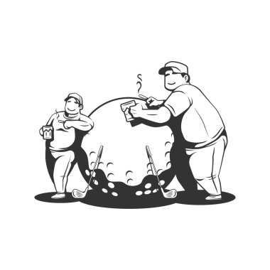 two fat guys doing golf while drink beer and smoking cigarette. vector illustration clipart