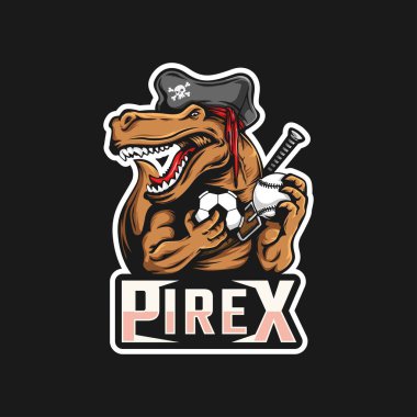 T-Rex korsanları futbol topu tutuyorlar. Logo karakteri. vektör illüstrasyonu.