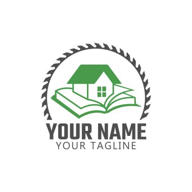 Yuvarlak testere logosuna sahip kitap ve ev. inşa etmek için çalış. 