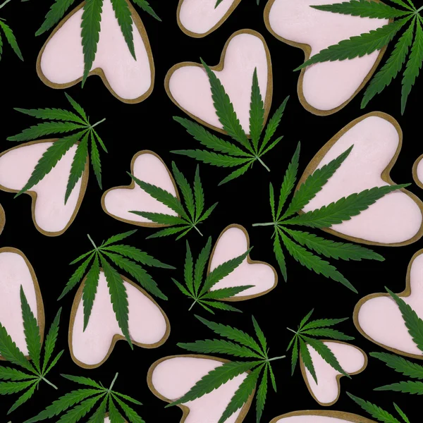 Nahtloses Muster Marihuana Und Herzen Nahtloses Muster Cannabis Marihuana Blätter — Stockfoto