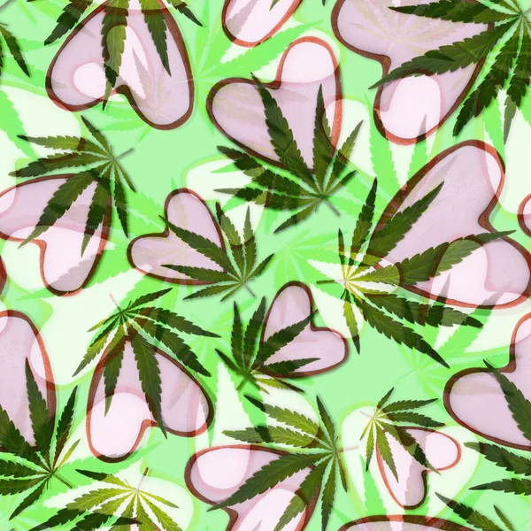 マリファナとピンクの心は緑の背景に葉。大麻とシームレスな背景。バレンタインデーの背景 — ストック写真