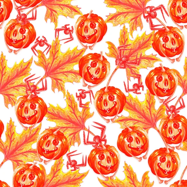 Απόκριες Χωρίς Ραφή Μοτίβο Φθινοπωρινές Πορτοκαλί Αστείες Κολοκύθες Αράχνες Φύλλα — Φωτογραφία Αρχείου