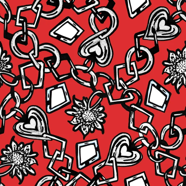 Απρόσκοπτη Αφηρημένη Μοτίβο Μοτίβο Από Λουλούδια Καρδιές Αλυσίδες Φόντο Κόκκινο — Φωτογραφία Αρχείου