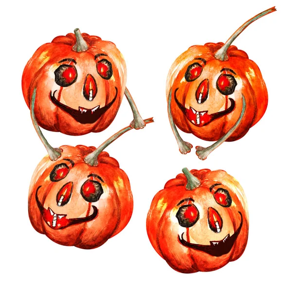 Halloween set of funny pumpkins in watercolor. Cute, funny, cartoon style. Hand drawing. The object is isolated on a white background. Attributes for Halloween.