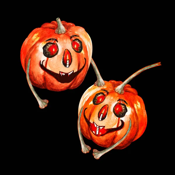 Хэллоуин Тыква Акварели Jack Lantern Cartoon Two Pumpkins Cute Fun — стоковое фото